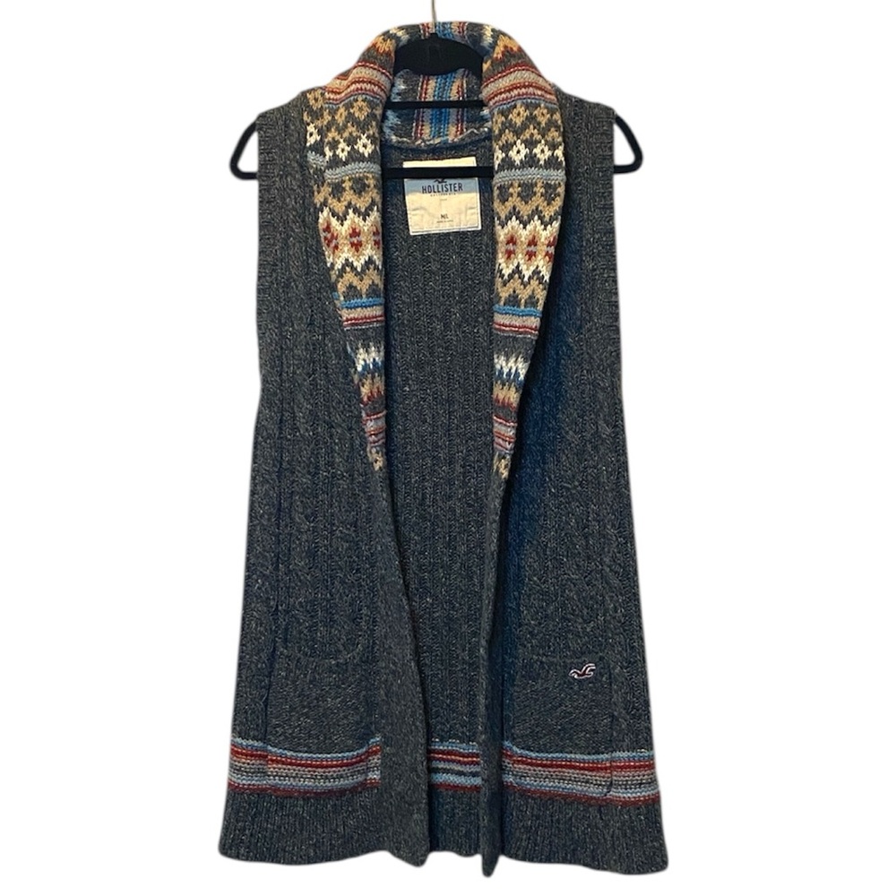 Hollister Y2K Sweater Vest Women’s M/L Gray Wool Blend Fair Isle Nordic Cardigan